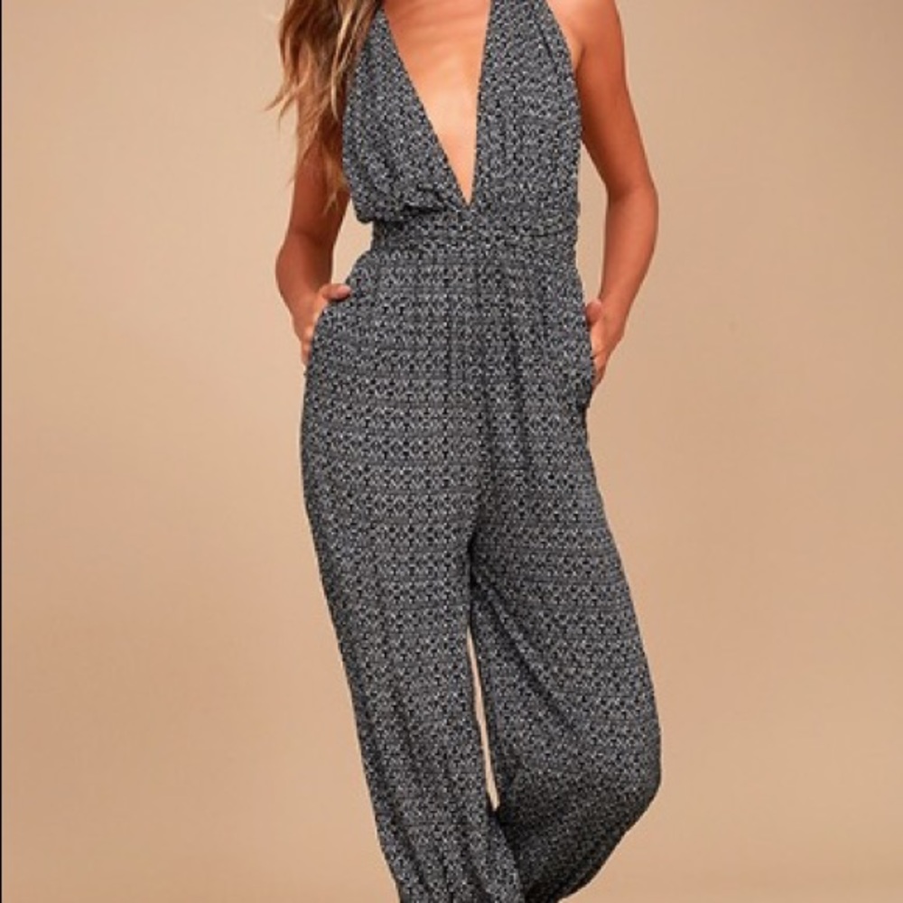 Lulu’s Take a Trip Black Print Halter Jumpsuit